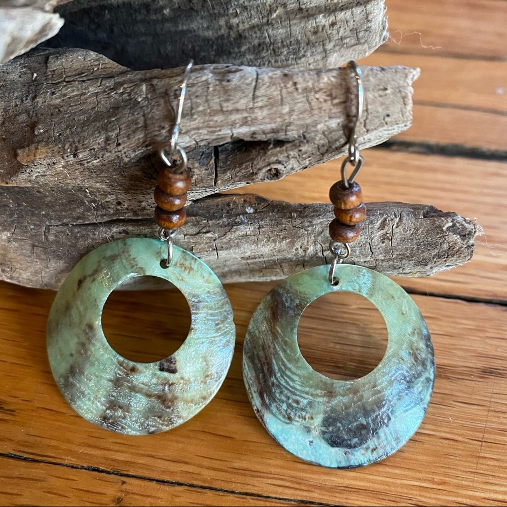 Shell and Wooden Bead Drop Earrings, Silver Hooks, Modcloth